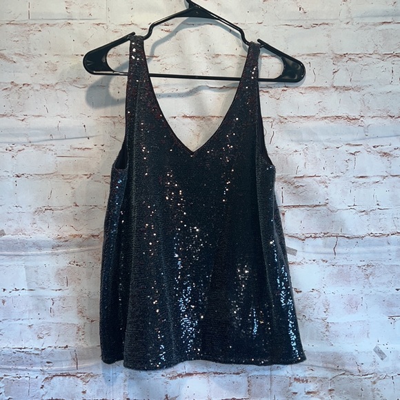 Michael Stars sleeveless tank top sequins v neck layering S black red lined - Picture 4 of 8